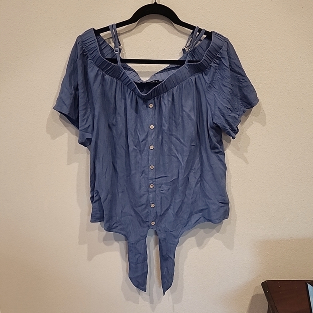 Blue cold shoulder blouse